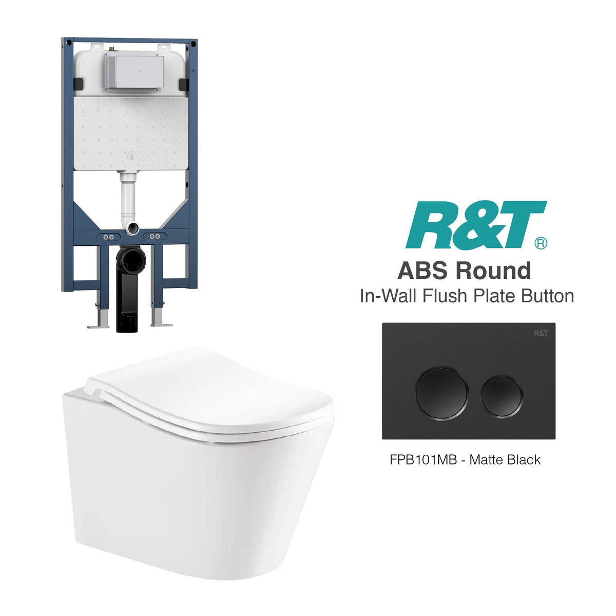 Edge52 Wall Hung Rimless Tornado Toilet Package - R&T Cistern & ABS Round Button Arova Edge52 Ergonomic Wall Hung Toilet Pan CST003 - R&T In Wall Toilet Cistern Matte Black
