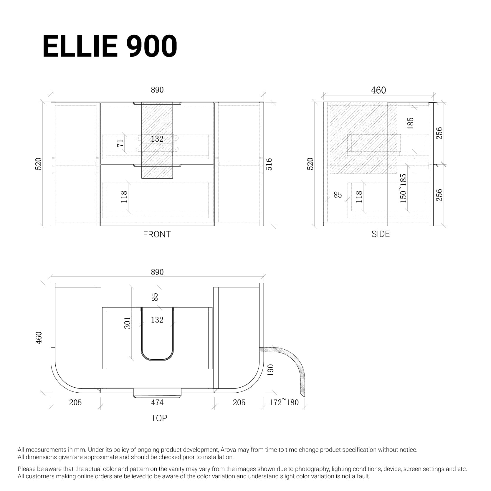 Ellie 900mm Curved Wall Hung Vanity Vanities Arova