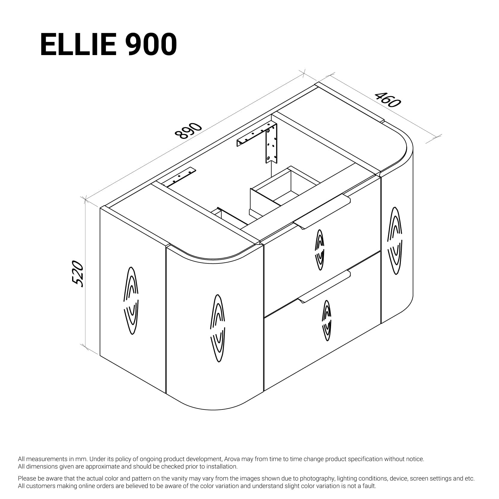 Ellie 900mm Curved Wall Hung Vanity Vanities Arova