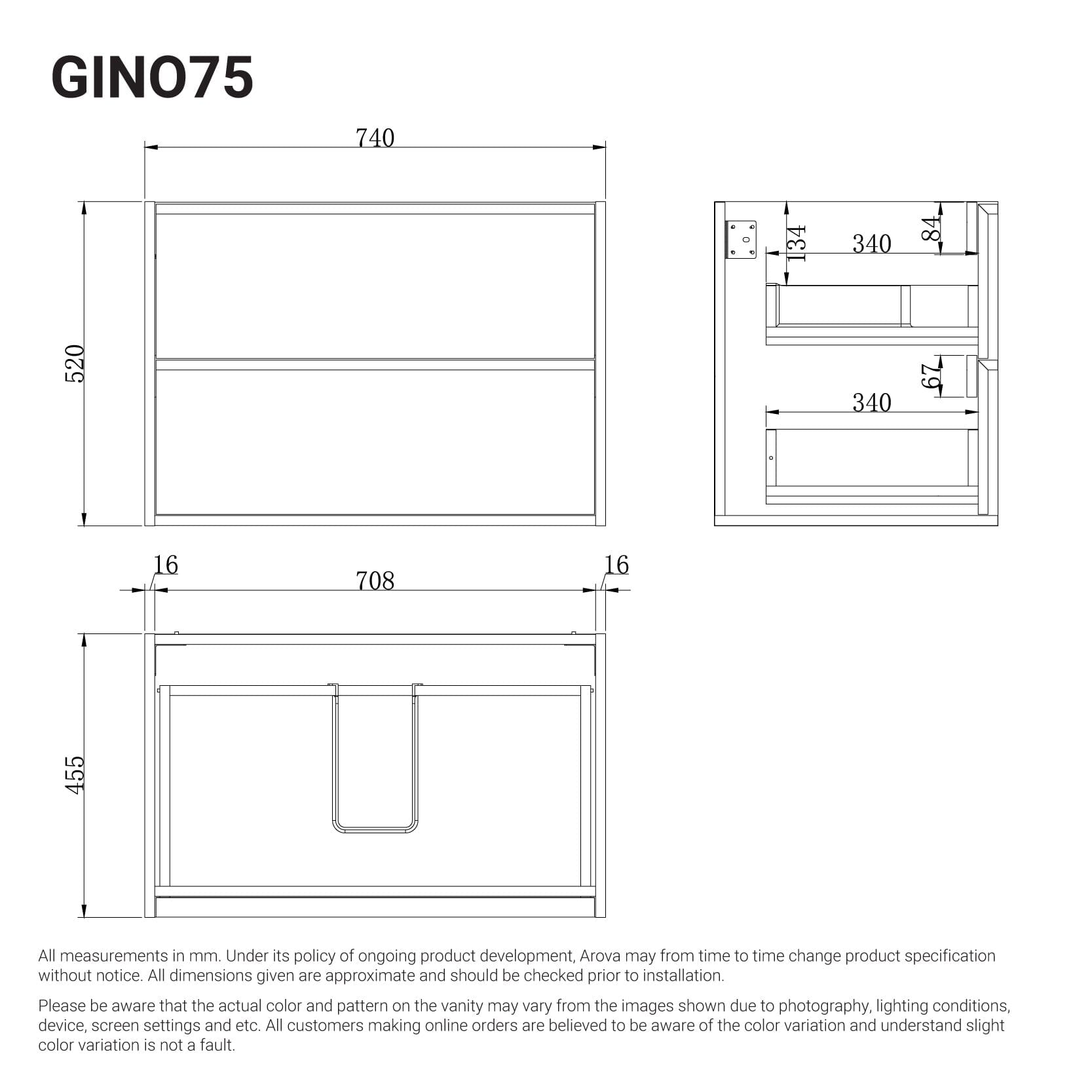 Gino 750mm Timber Wall Hung Bathroom Vanity Vanities Arova 