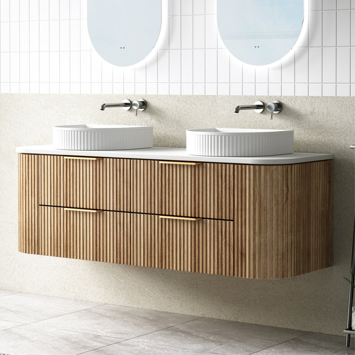 1500mm Curved Fluted Wall Hung Vanity Timber Hadley | Arova Bathrooms ...
