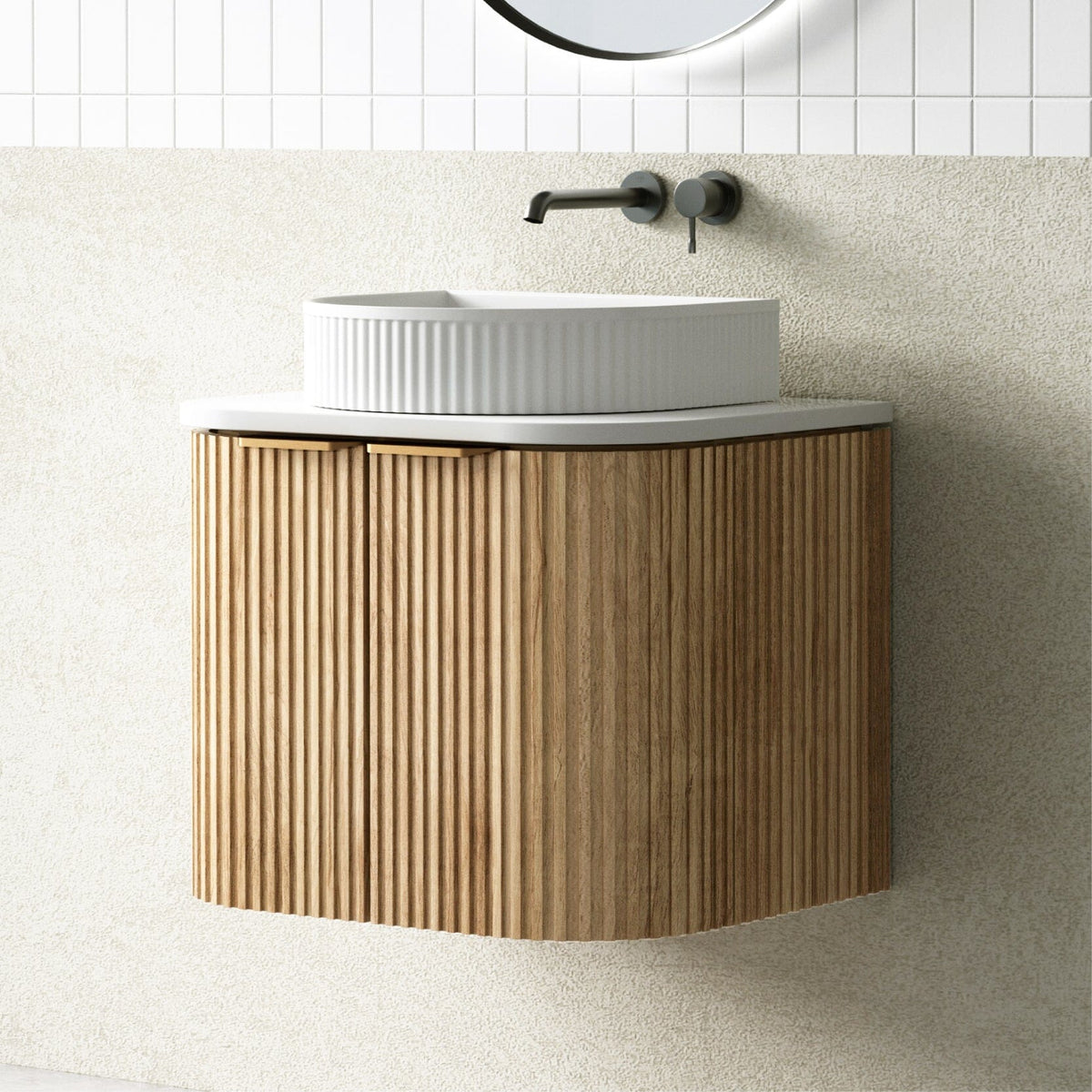 Timber Vanity Rounded 600mm Curved Fluted Wall Hung Vanity Timber Hadley | Arova Bathrooms ...