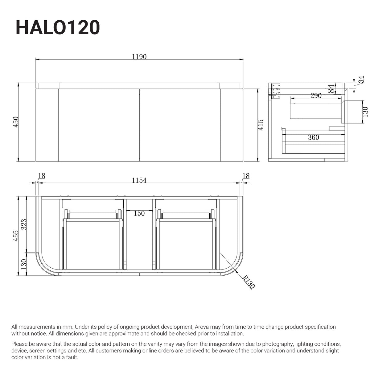 Halo 1200mm Curved Timber Wall Hung Bathroom Vanity Vanities Arova 