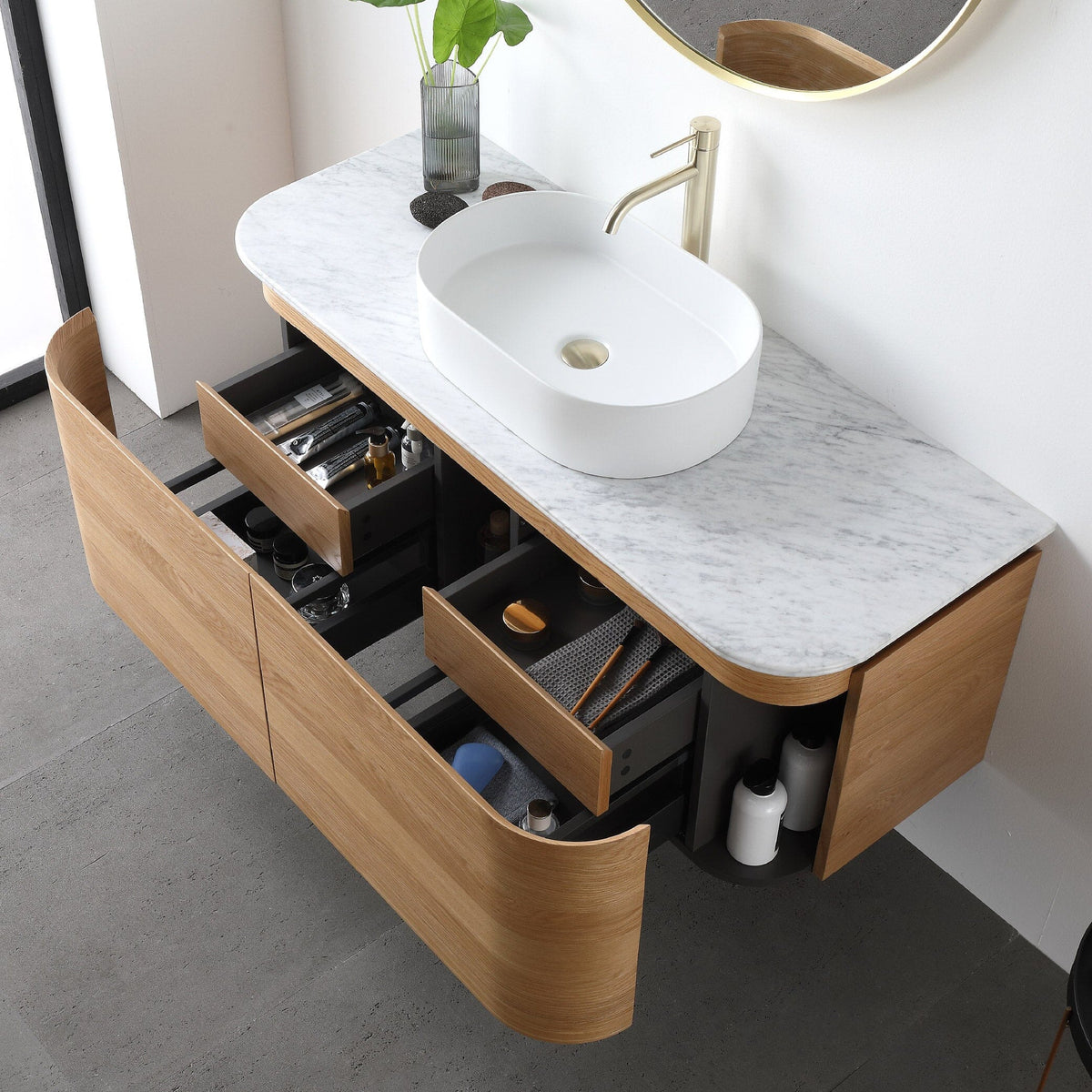 Halo 1200mm Curved Wall Hung Bathroom Vanity + Natural Carrara Marble Top Vanities Arova 