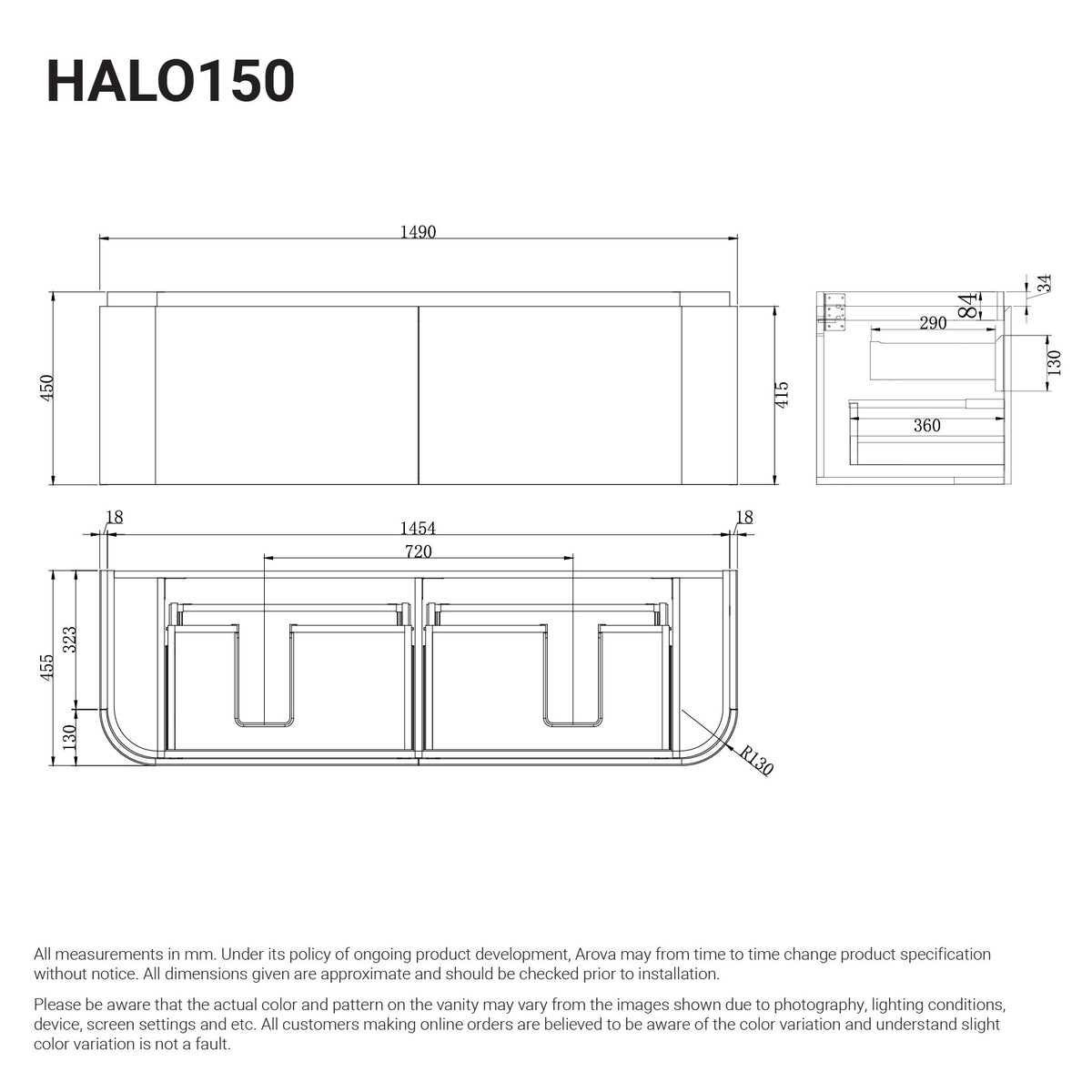 Halo 1500mm Curved Timber Wall Hung Bathroom Vanity Vanities Arova 