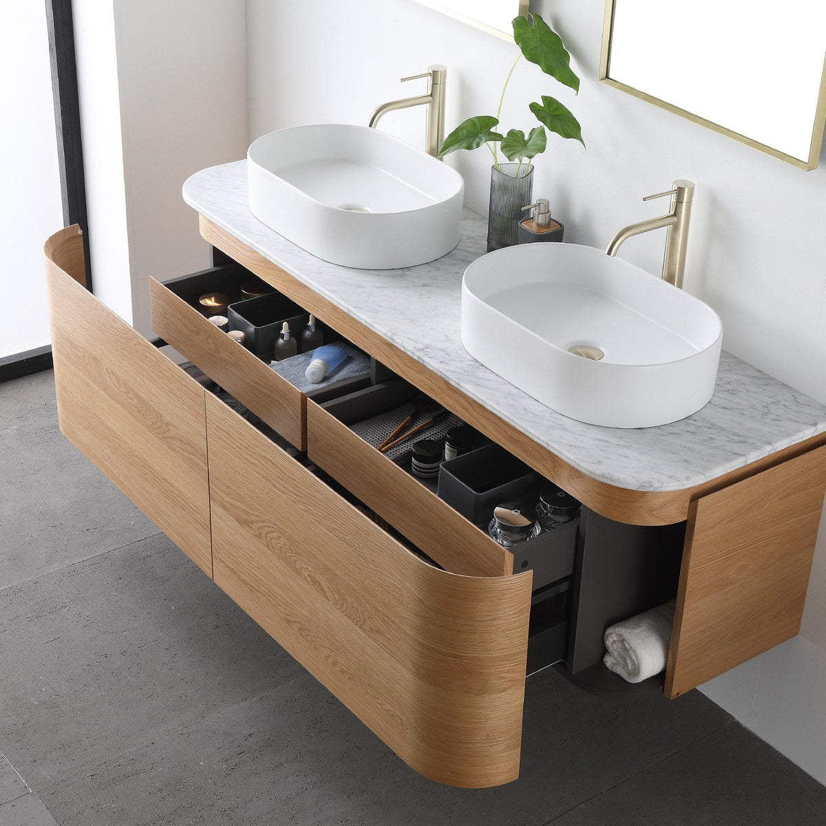 Halo 1500mm Curved Wall Hung Bathroom Vanity + Luxe Stone Top Vanities Arova 