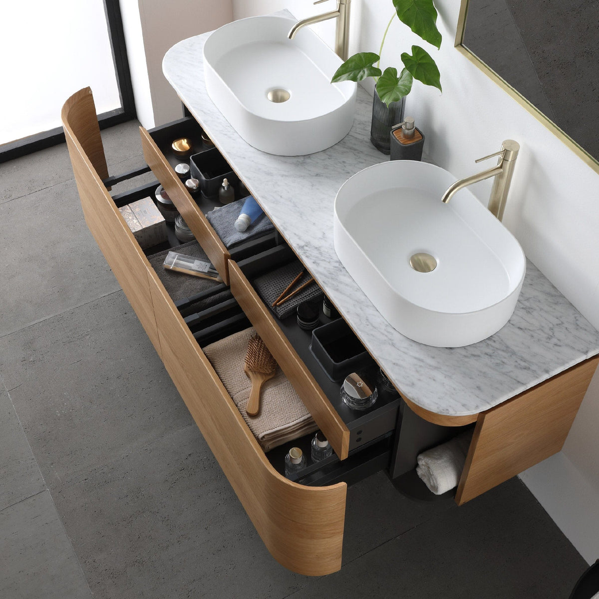 Halo 1500mm Curved Wall Hung Bathroom Vanity + Luxe Stone Top Vanities Arova 