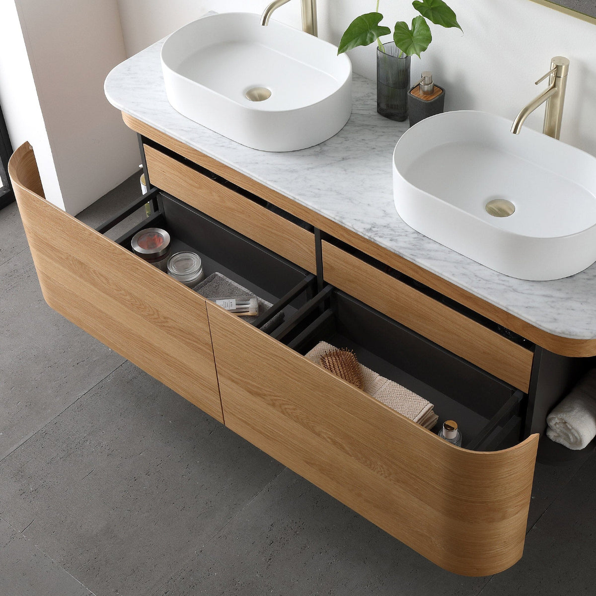 Halo 1500mm Curved Wall Hung Bathroom Vanity Timber Veneer Vanities Arova 