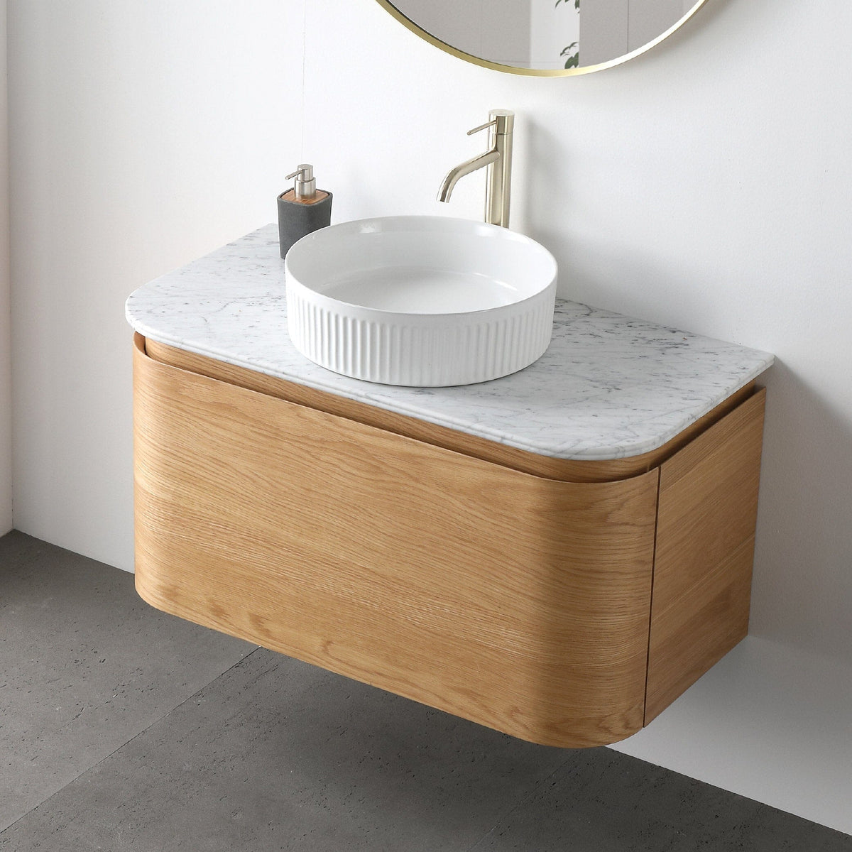 Halo 900mm Curved Timber Veneer Wall Hung Bathroom Vanity Vanities Arova 