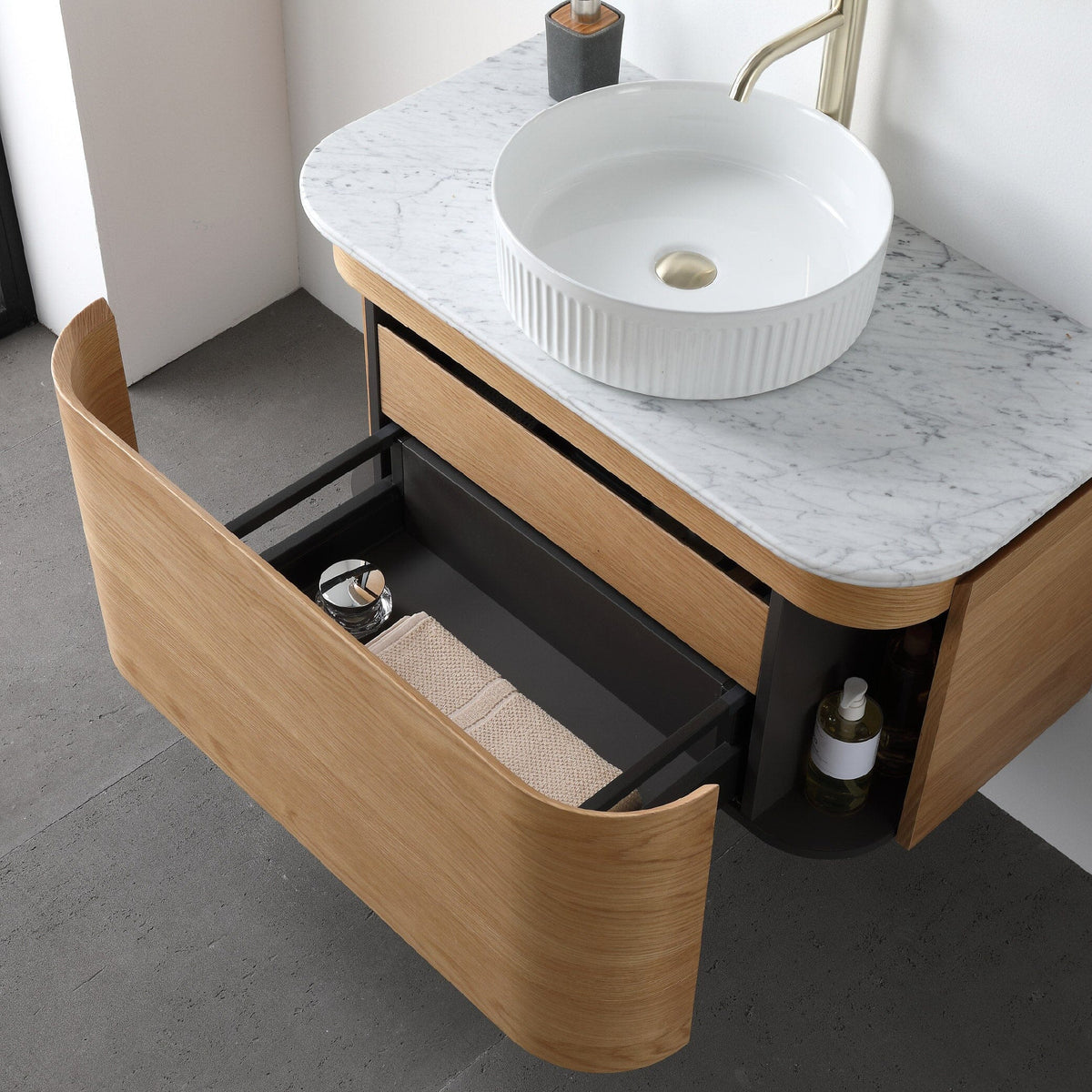 Halo 900mm Curved Wall Hung Bathroom Vanity + Eira Stone Top Vanities Arova 
