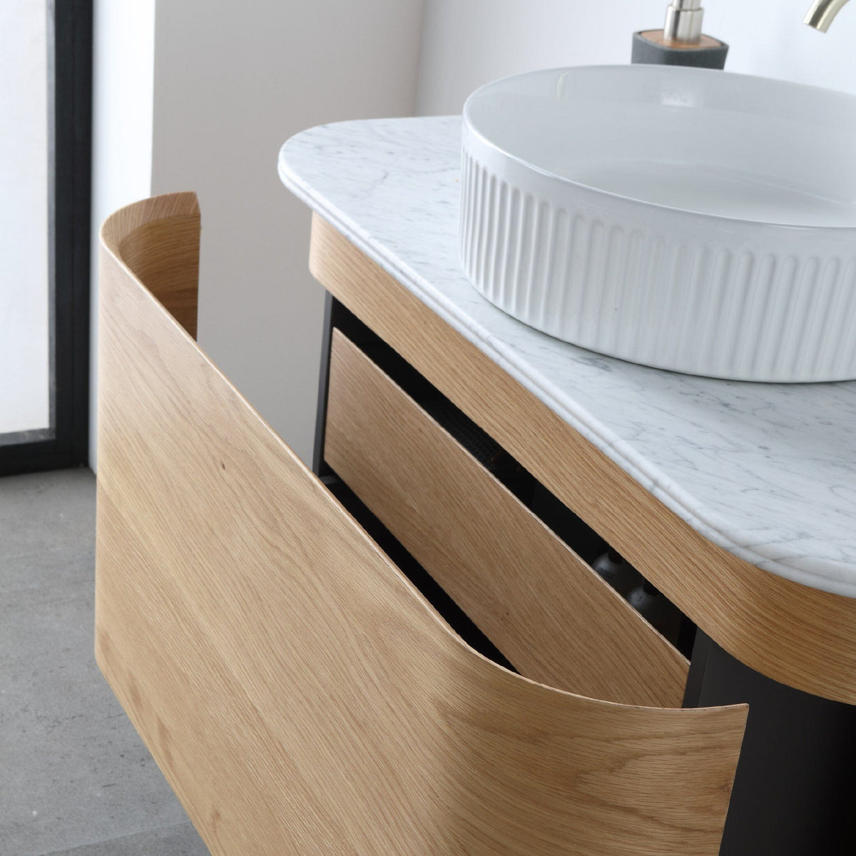 Halo 900mm Curved Wall Hung Bathroom Vanity + Eira Stone Top Vanities Arova 