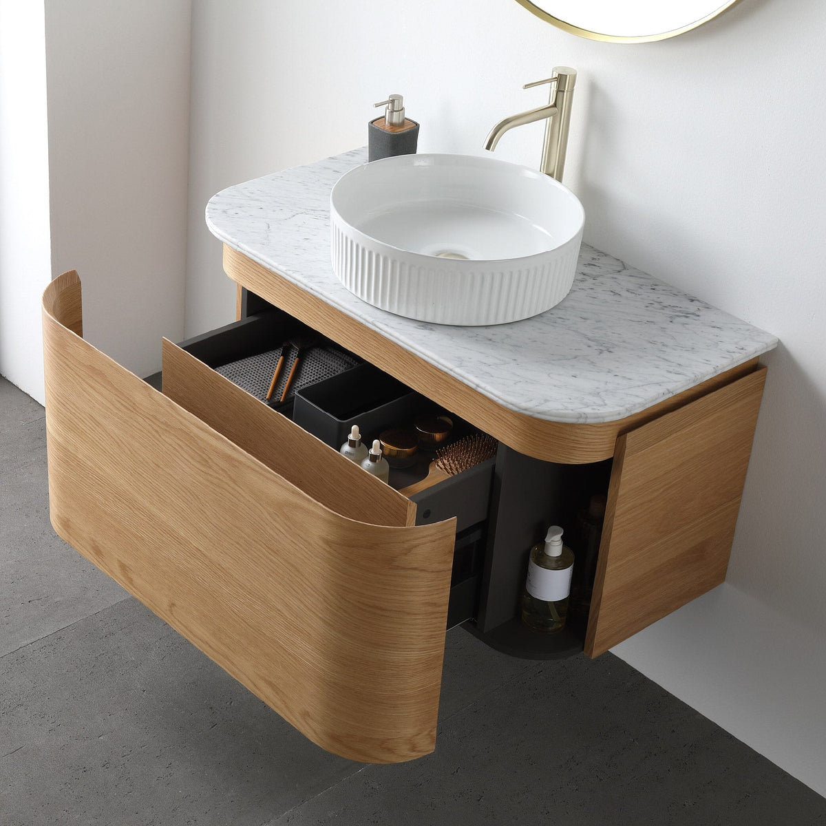 Halo 900mm Curved Wall Hung Bathroom Vanity + Luxe Stone Top Vanities Arova 