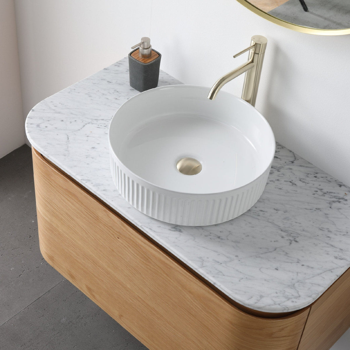 Halo 900mm Curved Wall Hung Bathroom Vanity + Luxe Stone Top Vanities Arova 
