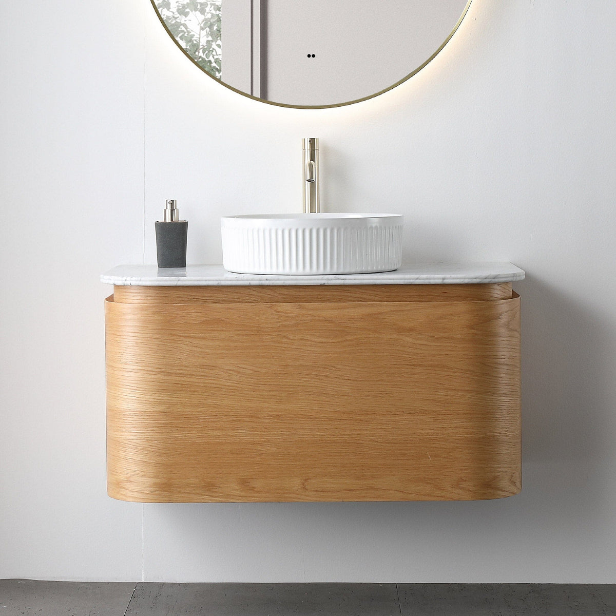 Halo 900mm Curved Wall Hung Bathroom Vanity + Luxe Stone Top Vanities Arova 