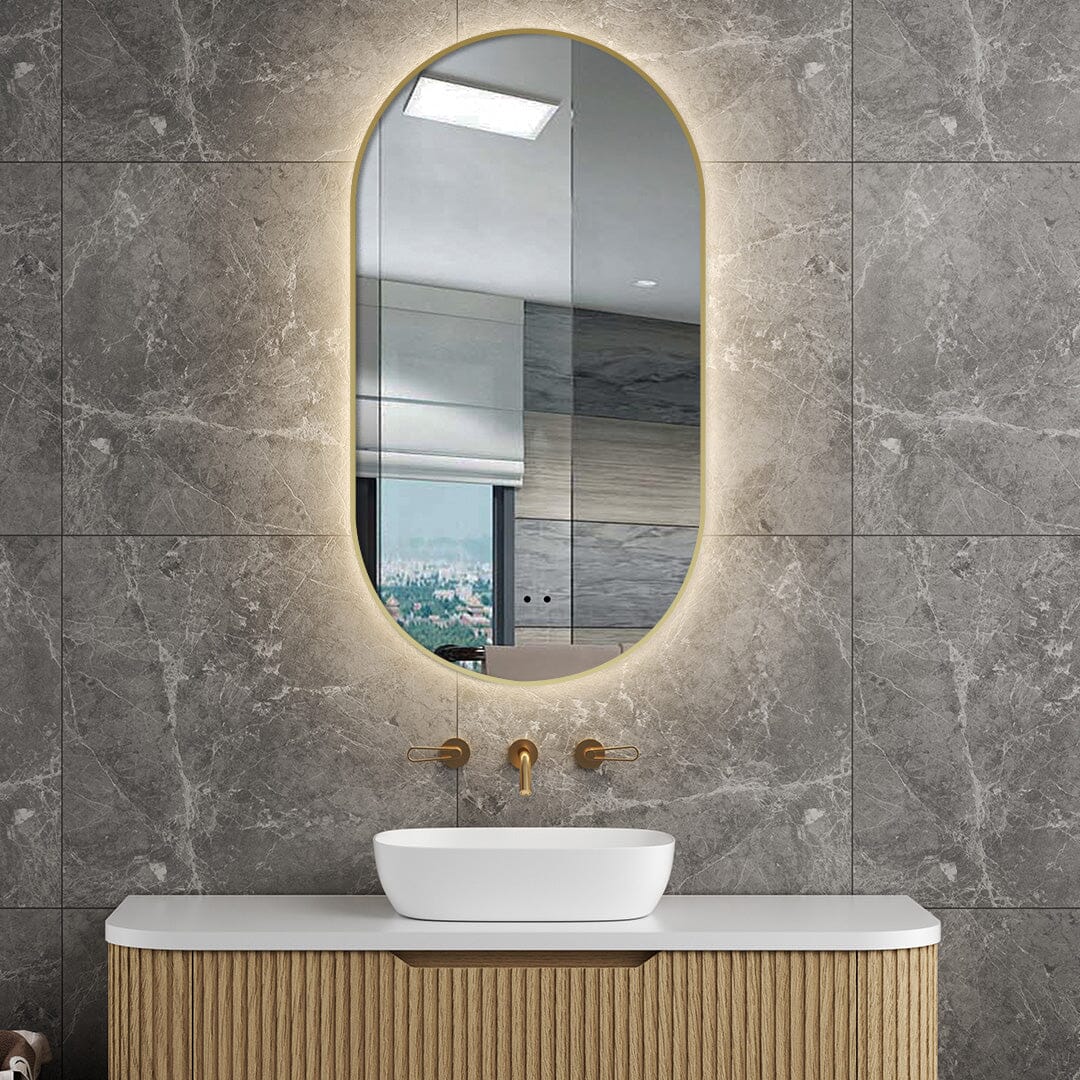 Anti-Fog Dimmable Oval Touchless Led Bathroom Mirror Gold Frame Halo ...