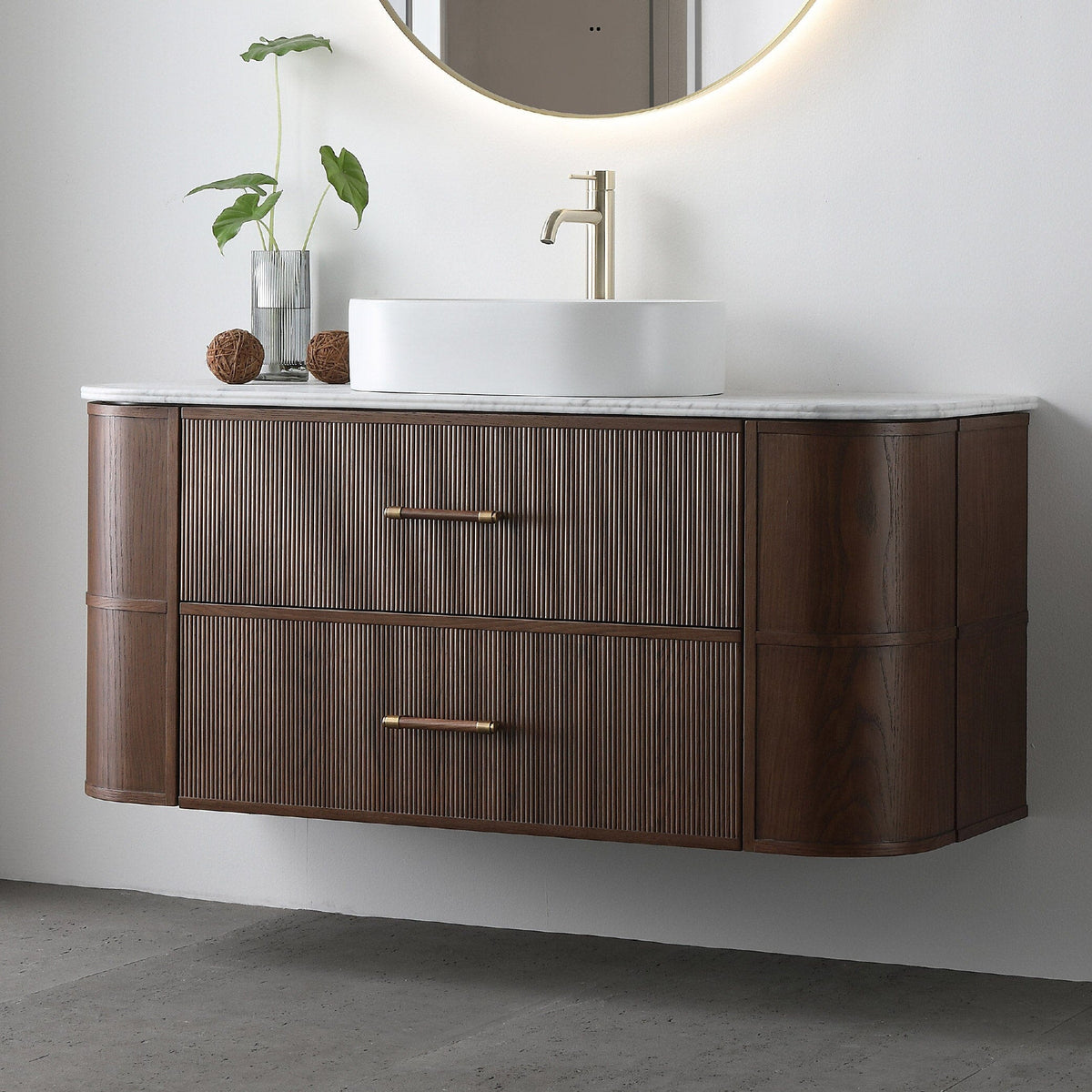 ICONA 1200mm Curved Fluted Wall Hung Bathroom Vanity Timber Veneer + Eira Stone Top Vanities Arova 