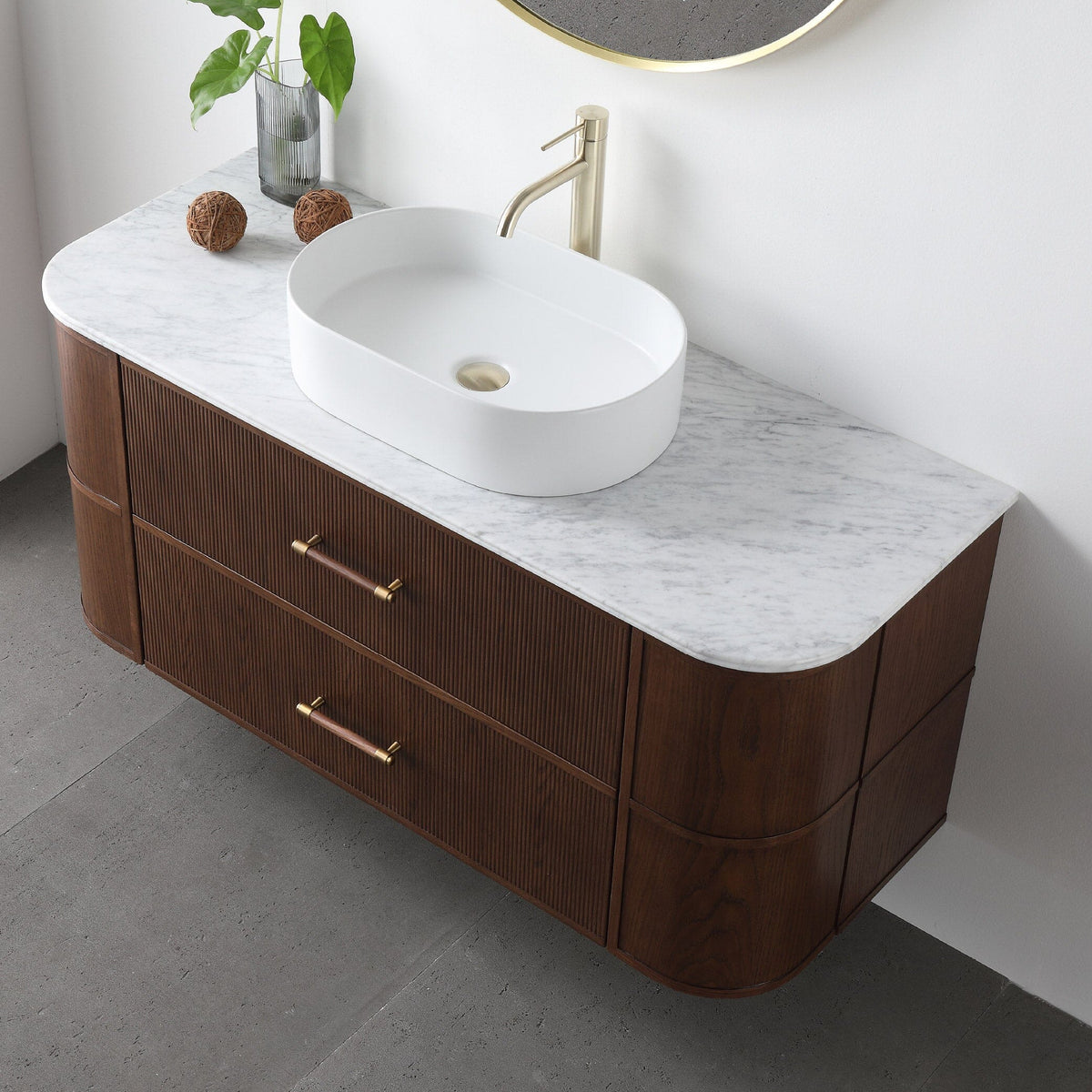 ICONA 1200mm Curved Fluted Wall Hung Bathroom Vanity Timber Veneer + Luxe Stone Top Vanities Arova 