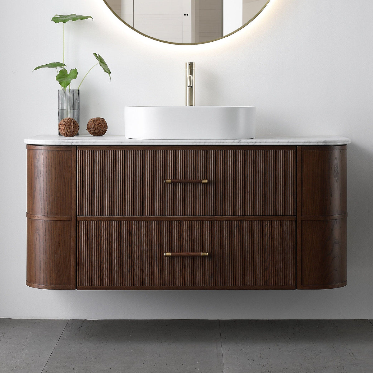 ICONA 1200mm Curved Fluted Wall Hung Bathroom Vanity Timber Veneer + Natural Carrara Marble Top Vanities Arova 