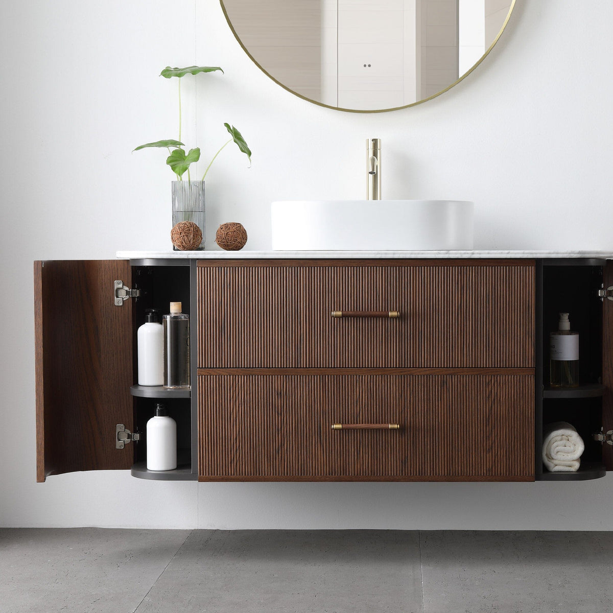 ICONA 1200mm Curved Fluted Wall Hung Bathroom Vanity Timber Veneer + Top Arova 