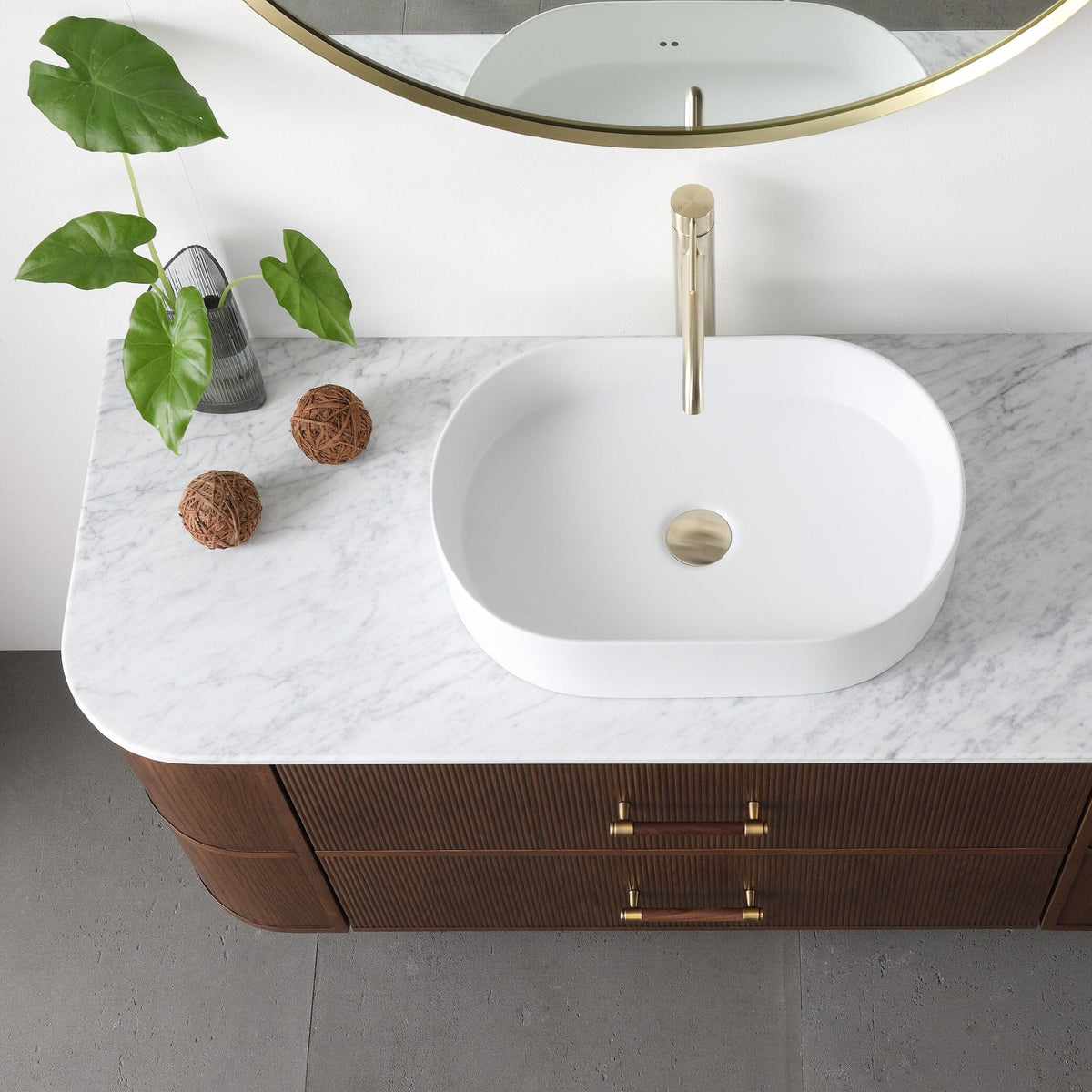 ICONA 1200mm Curved Fluted Wall Hung Bathroom Vanity Timber Veneer + Top Arova 