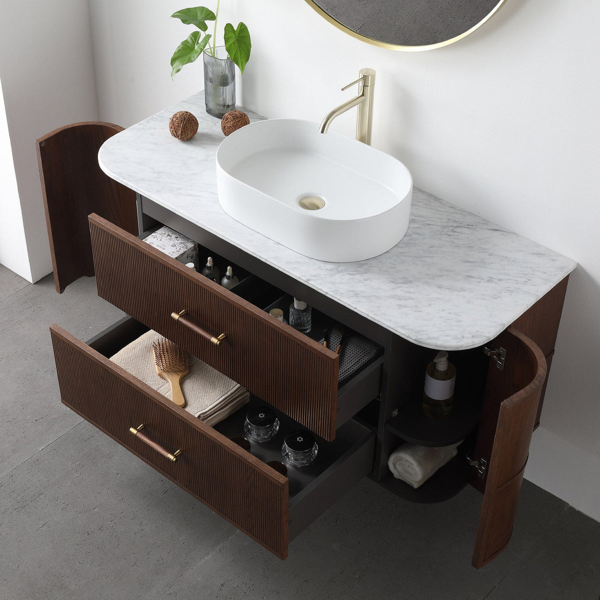 ICONA 1200mm Curved Fluted Wall Hung Bathroom Vanity Timber Veneer Vanities Arova 