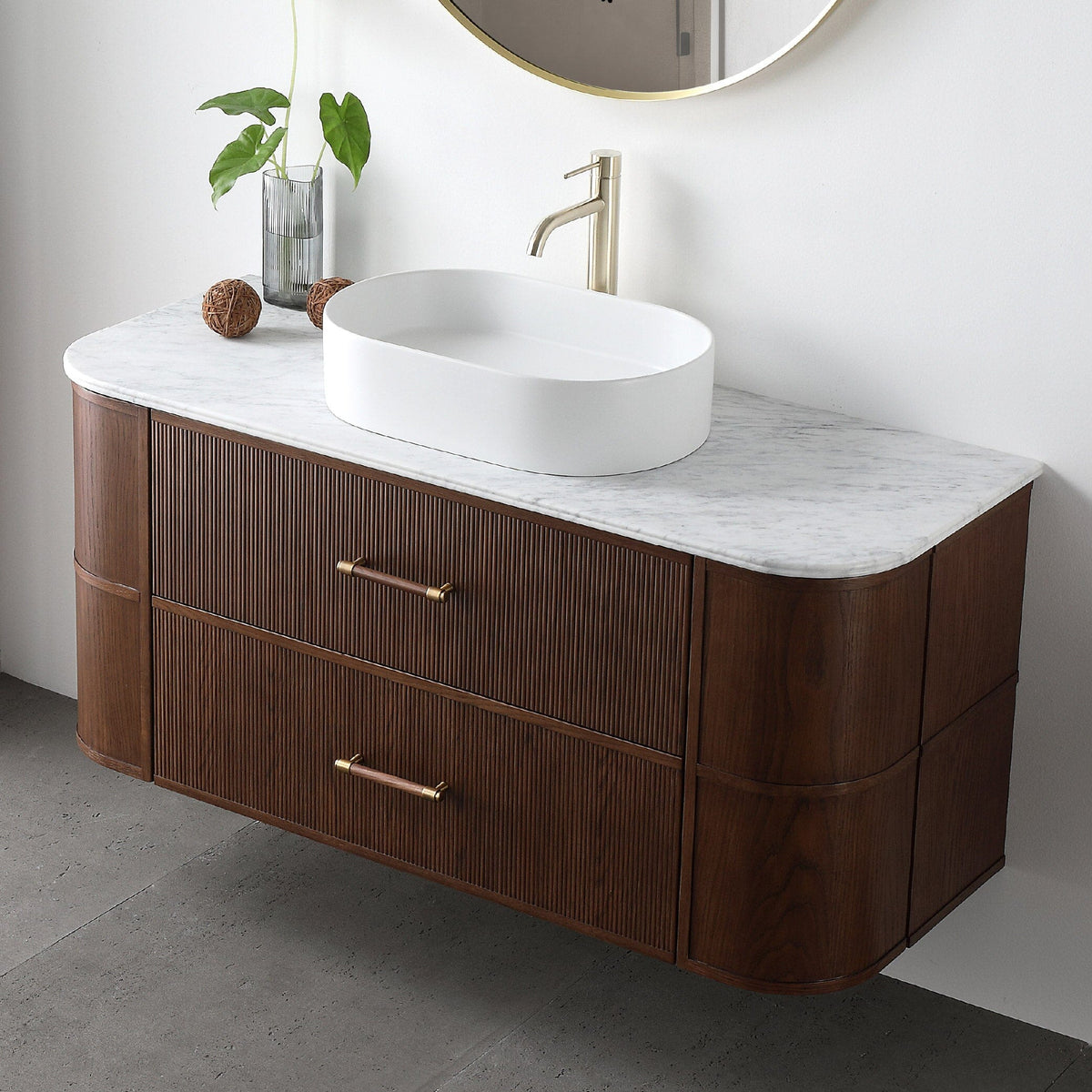 ICONA 1200mm Curved Fluted Wall Hung Bathroom Vanity Timber Veneer Vanities Arova 