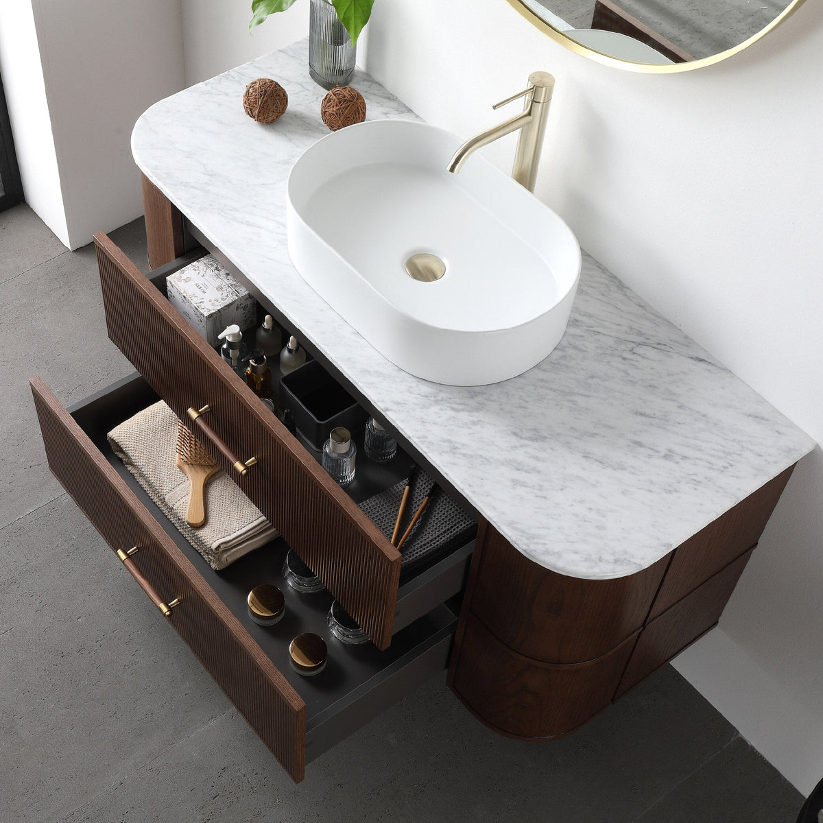 ICONA 1200mm Curved Fluted Wall Hung Bathroom Vanity Timber Veneer Vanities Arova 