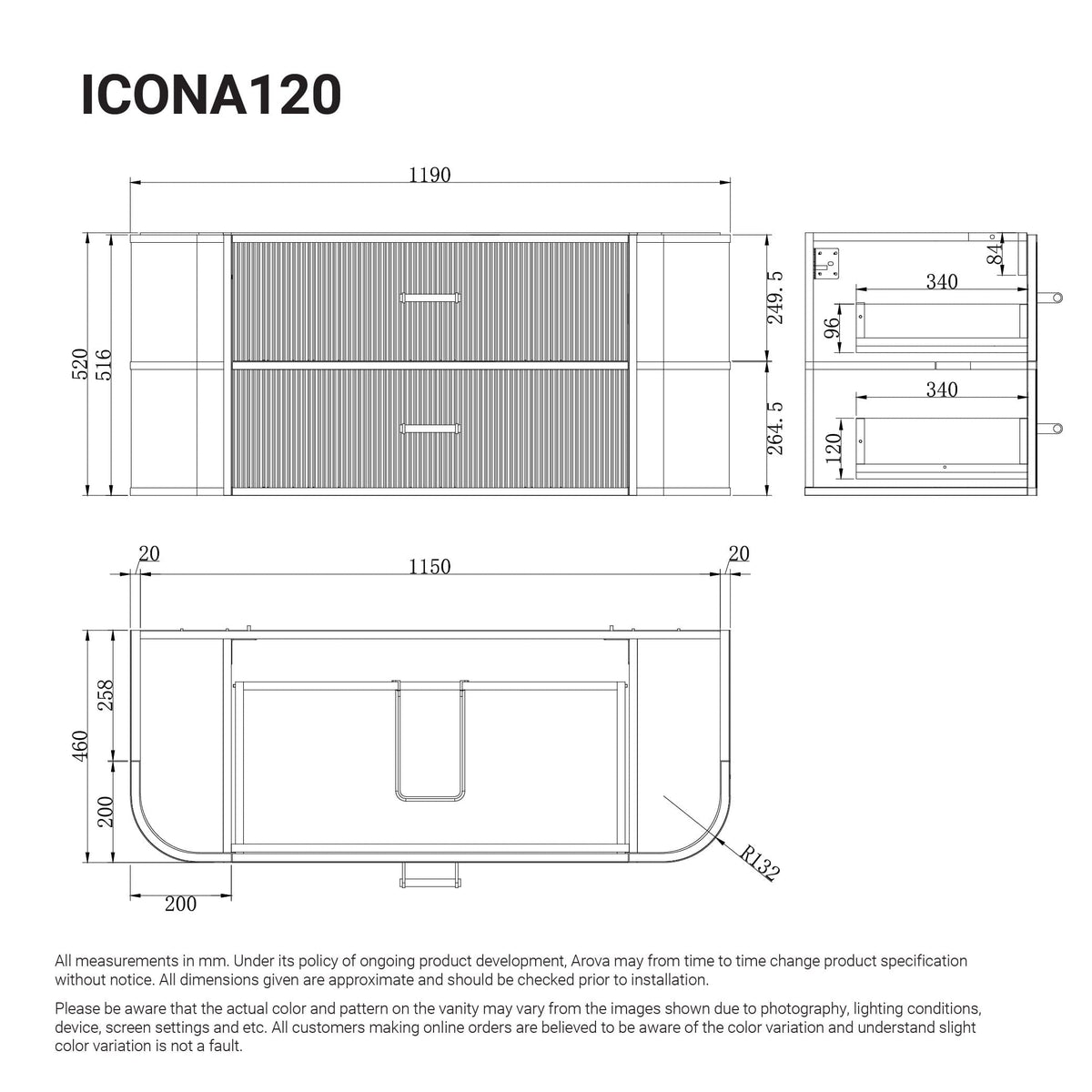ICONA 1200mm Curved Fluted Wall Hung Bathroom Vanity Timber Veneer Vanities Arova 
