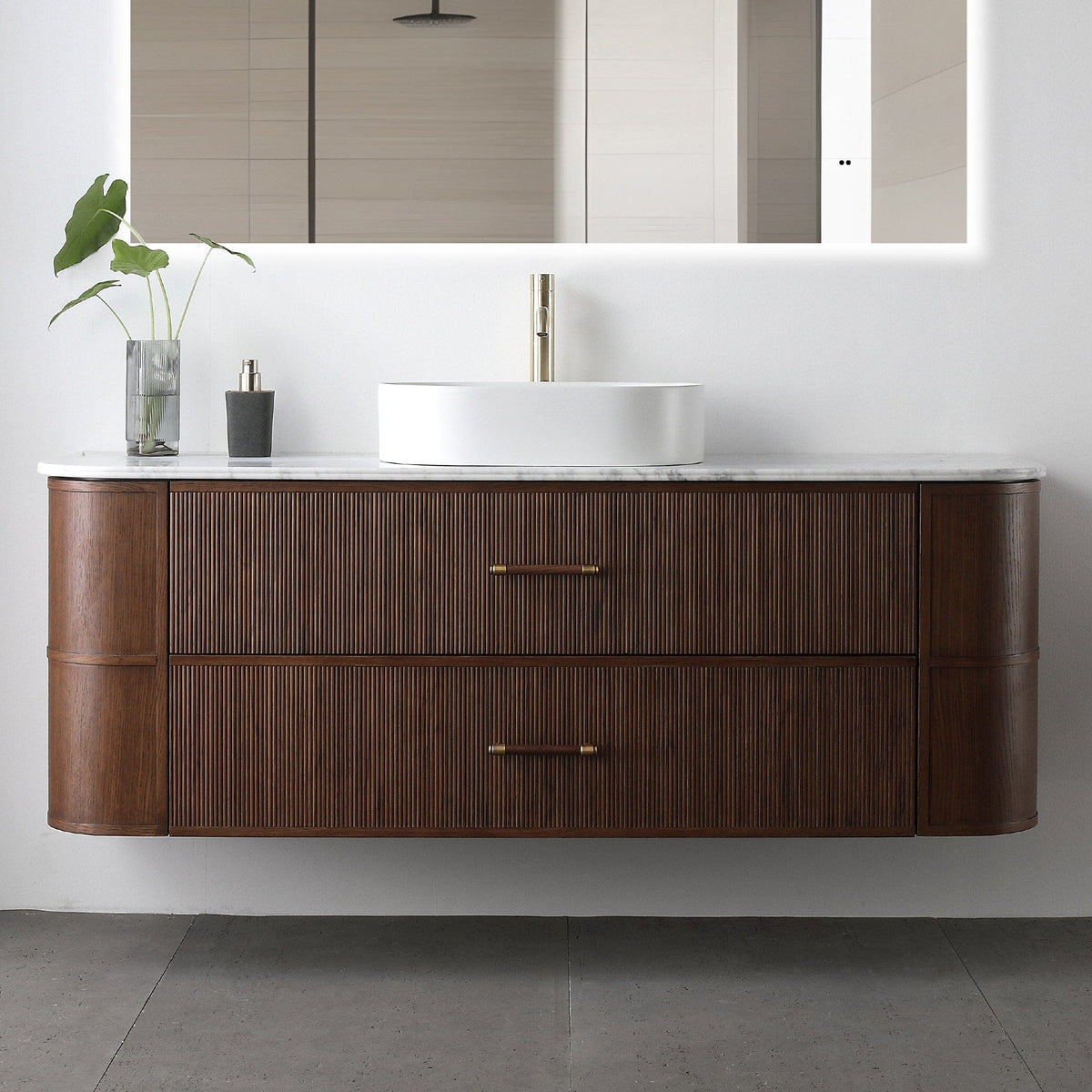 ICONA 1500mm Curved Fluted Wall Hung Bathroom Vanity Timber Veneer + Eira Stone Top Vanities Arova 
