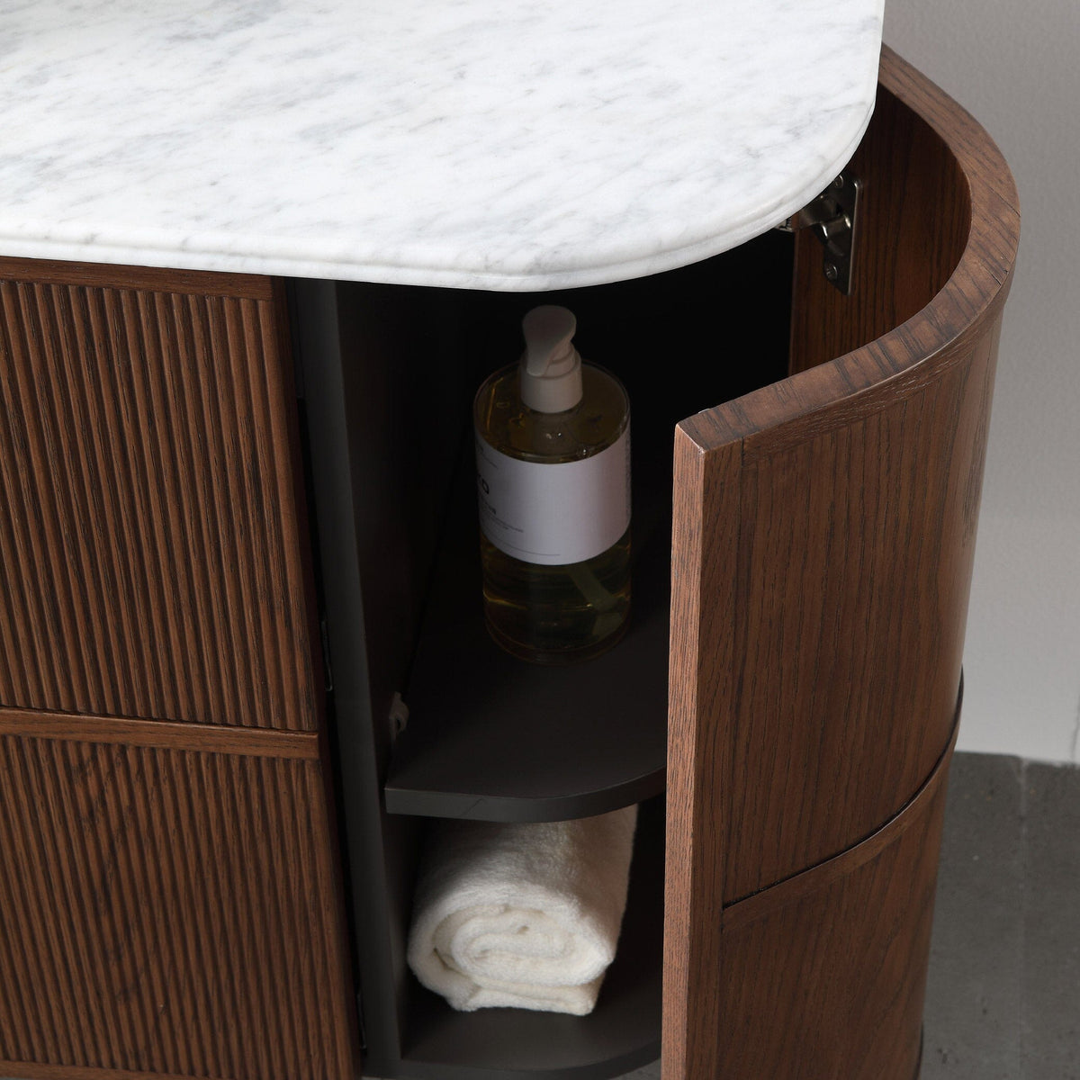 ICONA 1500mm Curved Fluted Wall Hung Bathroom Vanity Timber Veneer + Eira Stone Top Vanities Arova 