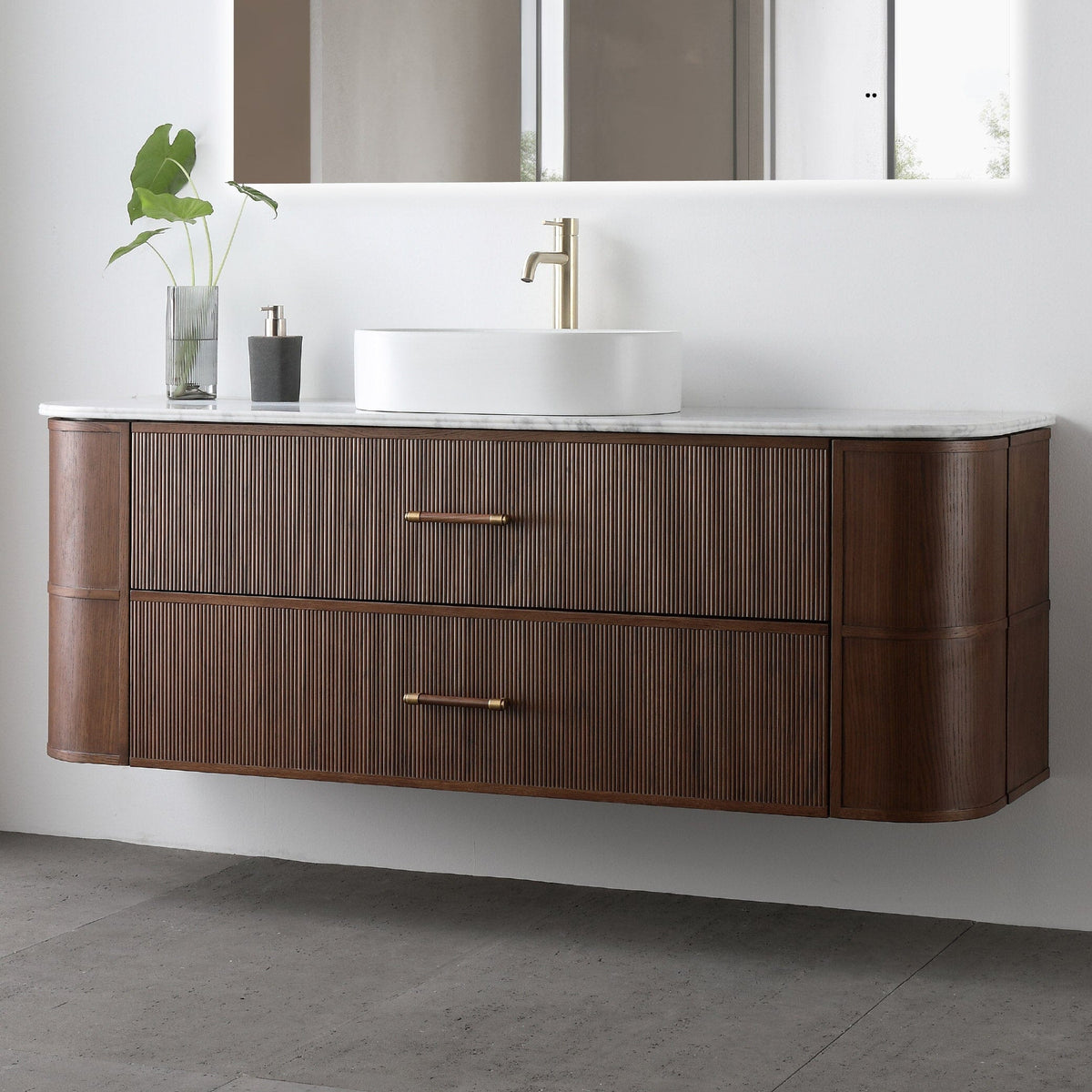 ICONA 1500mm Curved Fluted Wall Hung Bathroom Vanity Timber Veneer + Luxe Stone Top Vanities Arova 