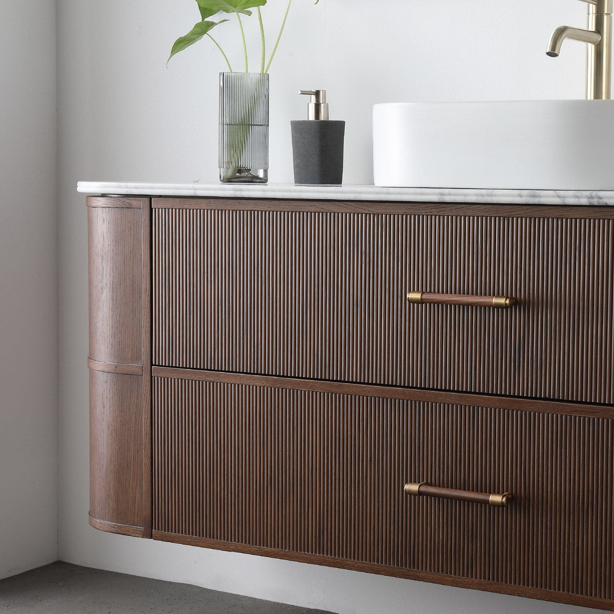 ICONA 1500mm Curved Fluted Wall Hung Bathroom Vanity Timber Veneer + Natural Carrara Marble Top Vanities Arova 