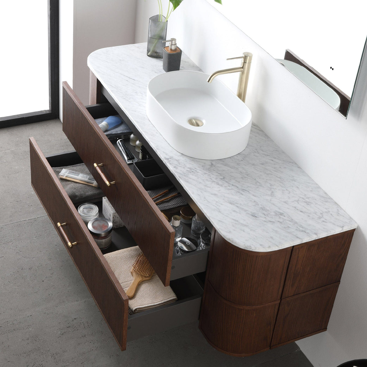 ICONA 1500mm Curved Fluted Wall Hung Bathroom Vanity Timber Veneer + Natural Carrara Marble Top Vanities Arova 