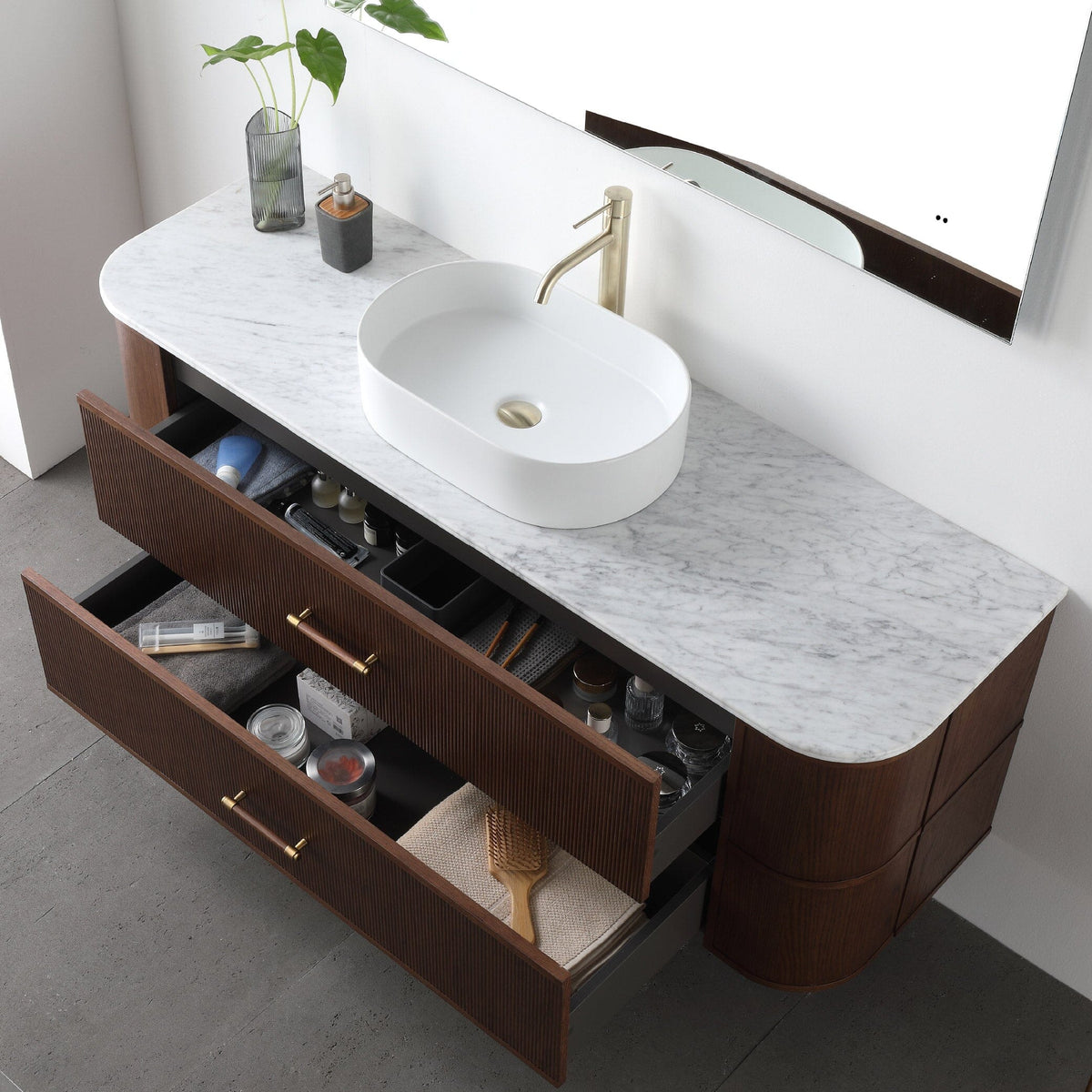 ICONA 1500mm Curved Fluted Wall Hung Bathroom Vanity Timber Veneer + Top Arova 