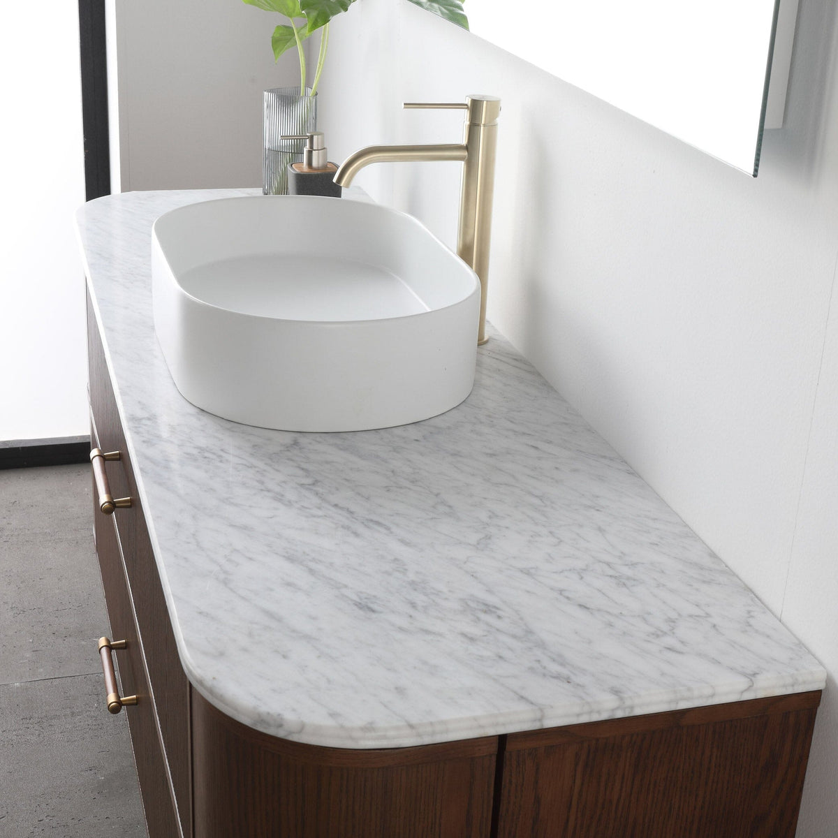 ICONA 1500mm Curved Fluted Wall Hung Bathroom Vanity Timber Veneer + Top Arova 
