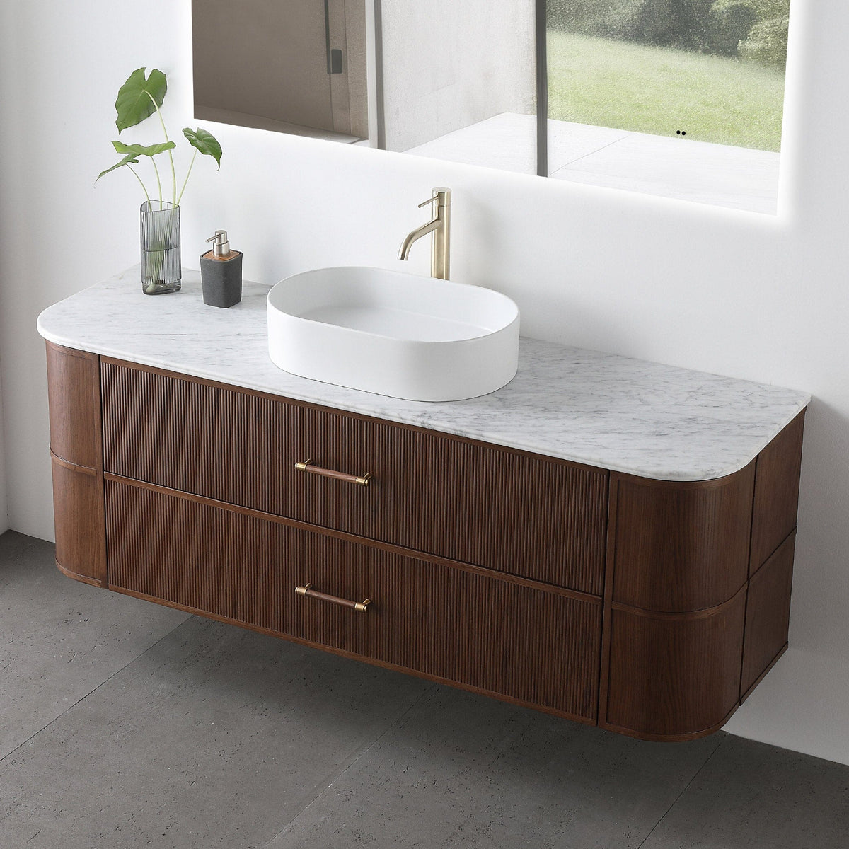 ICONA 1500mm Curved Fluted Wall Hung Bathroom Vanity Timber Veneer + Top Arova 