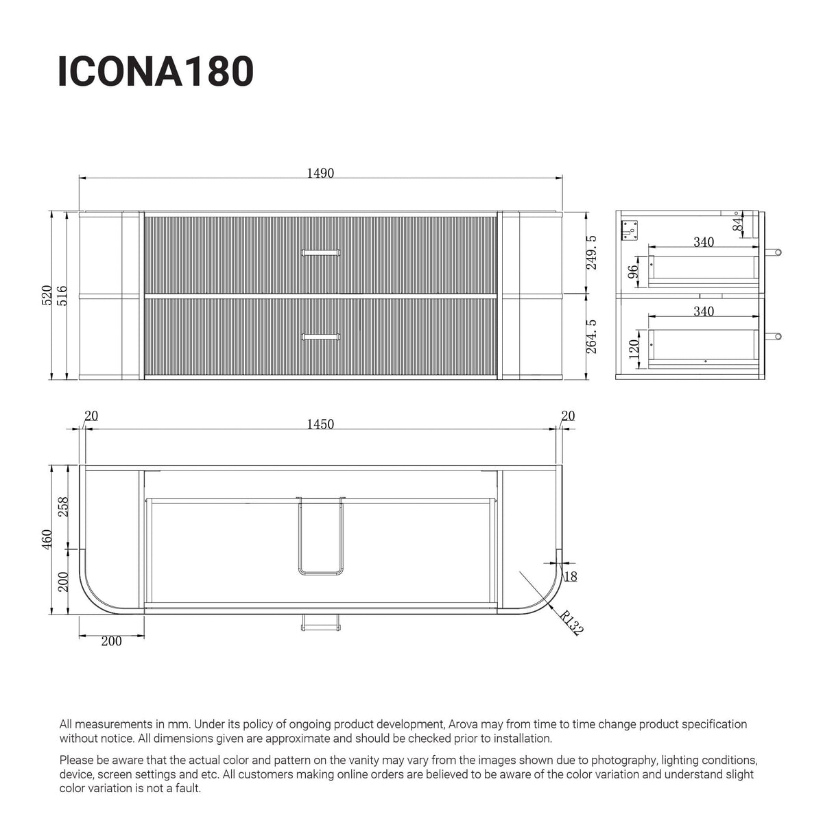 ICONA 1500mm Curved Fluted Wall Hung Bathroom Vanity Timber Veneer Vanities Arova 