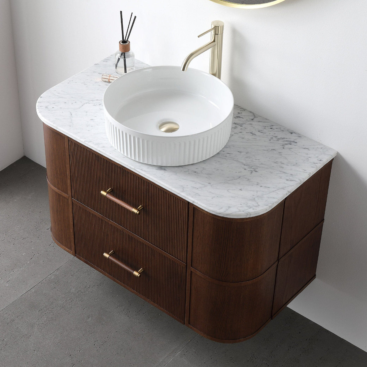 ICONA 900mm Curved Fluted Wall Hung Bathroom Vanity Timber Veneer + Eira Stone Top Vanities Arova 