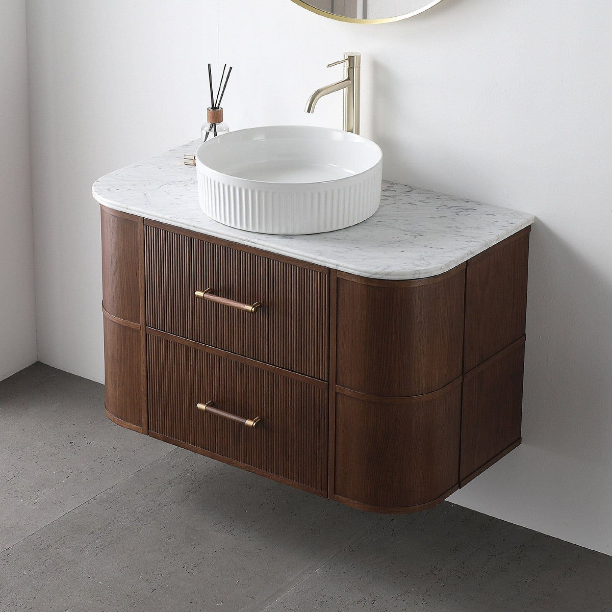 ICONA 900mm Curved Fluted Wall Hung Bathroom Vanity Timber Veneer + Luxe Stone Top Vanities Arova 