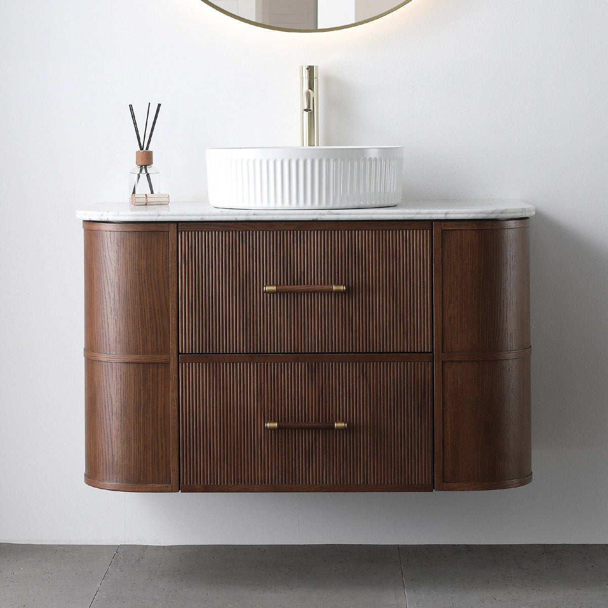 ICONA 900mm Curved Fluted Wall Hung Bathroom Vanity Timber Veneer + Luxe Stone Top Vanities Arova 