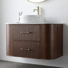 ICONA 900mm Curved Fluted Wall Hung Bathroom Vanity Timber Veneer + Natural Carrara Marble Top Vanities Arova 