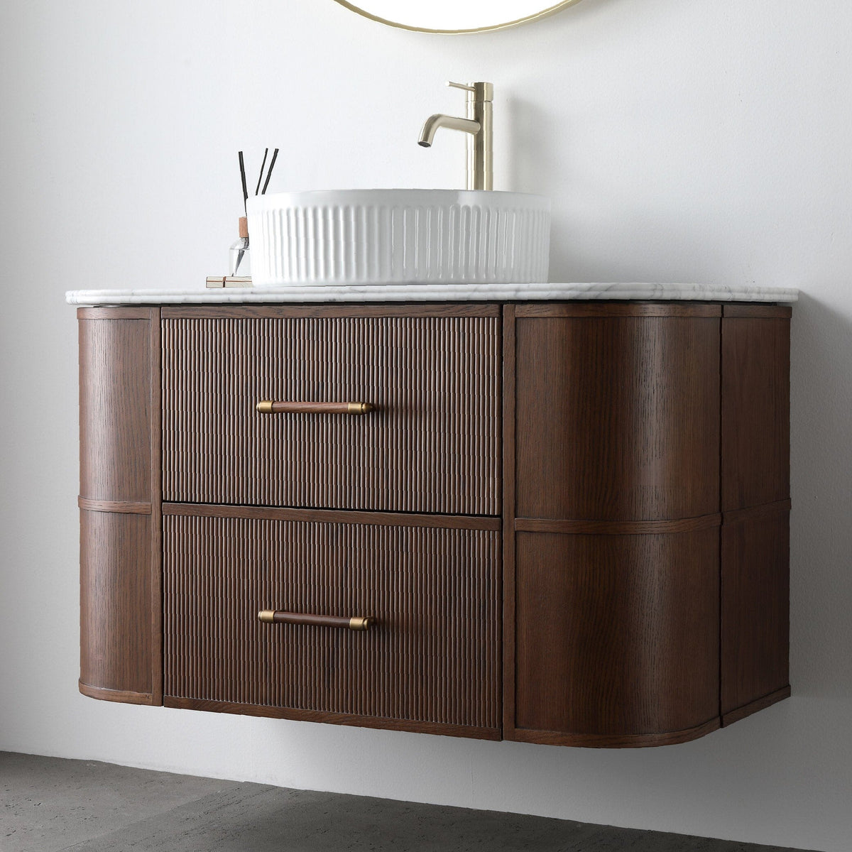 ICONA 900mm Curved Fluted Wall Hung Bathroom Vanity Timber Veneer + Natural Carrara Marble Top Vanities Arova 