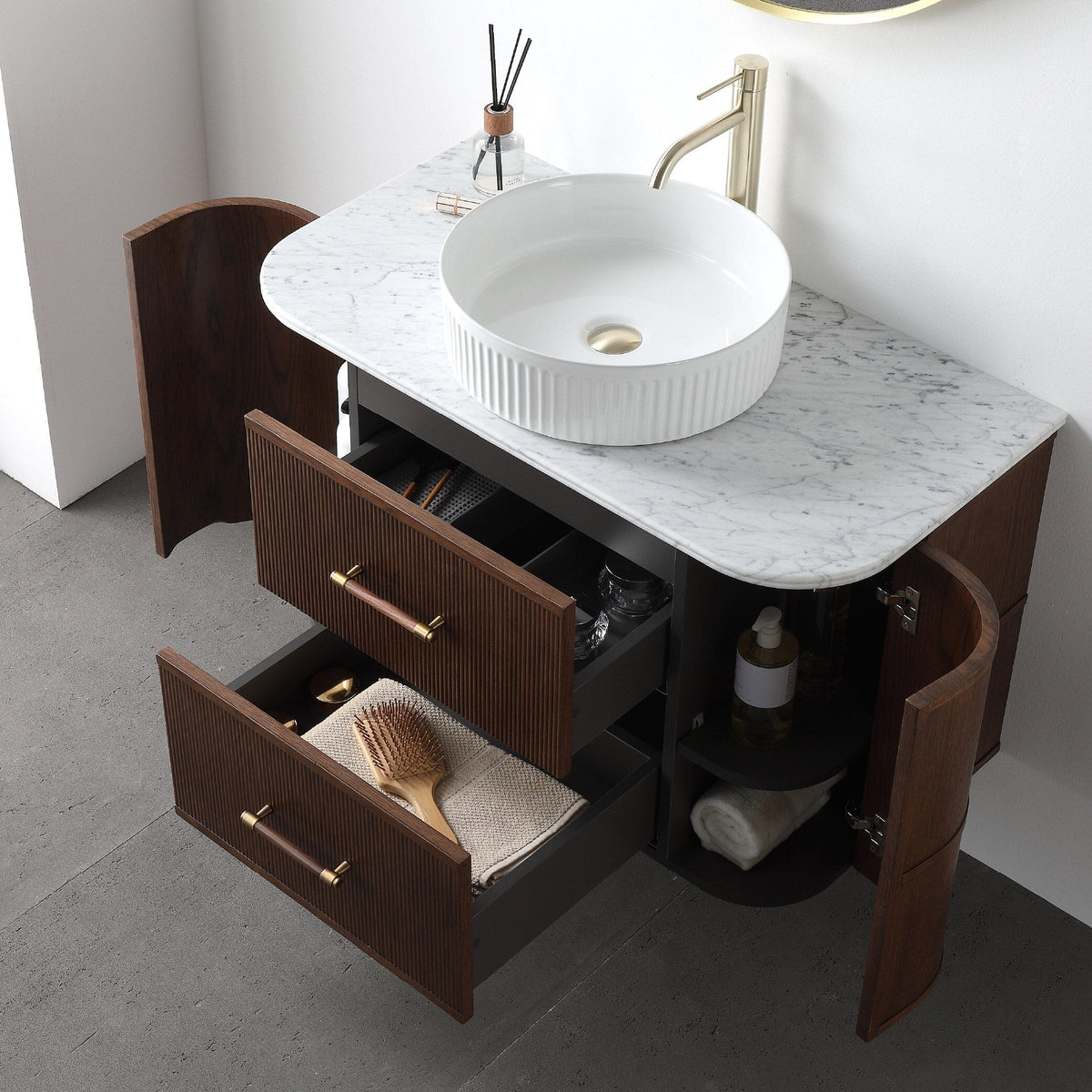 ICONA 900mm Curved Fluted Wall Hung Bathroom Vanity Timber Veneer + Natural Carrara Marble Top Vanities Arova 
