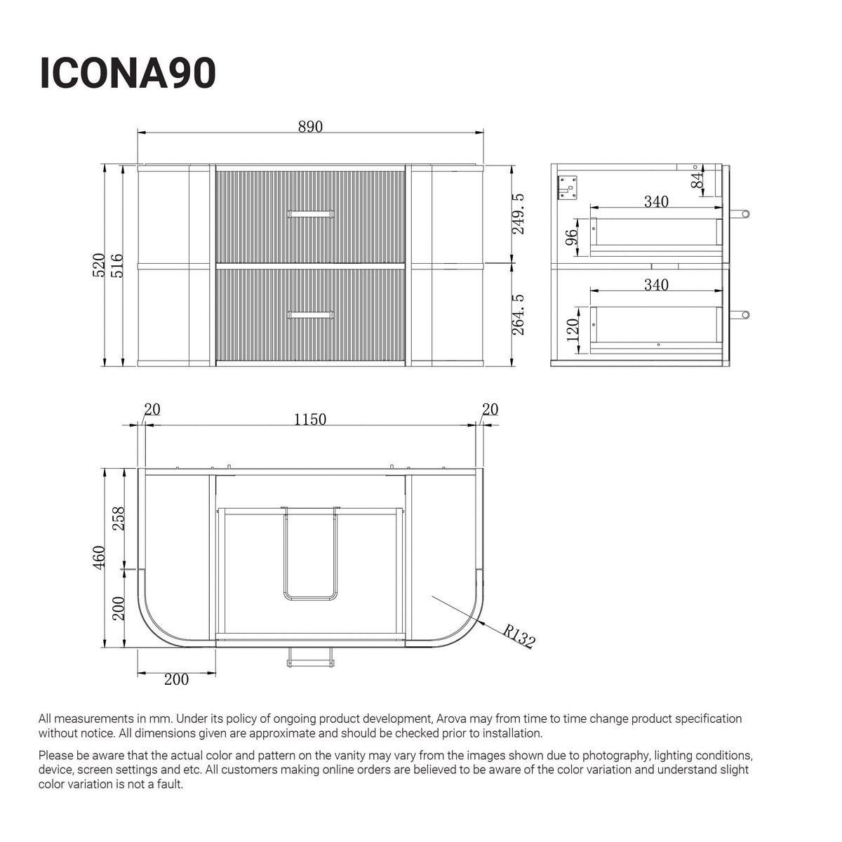 ICONA 900mm Curved Fluted Wall Hung Bathroom Vanity Timber Veneer + Top Arova 