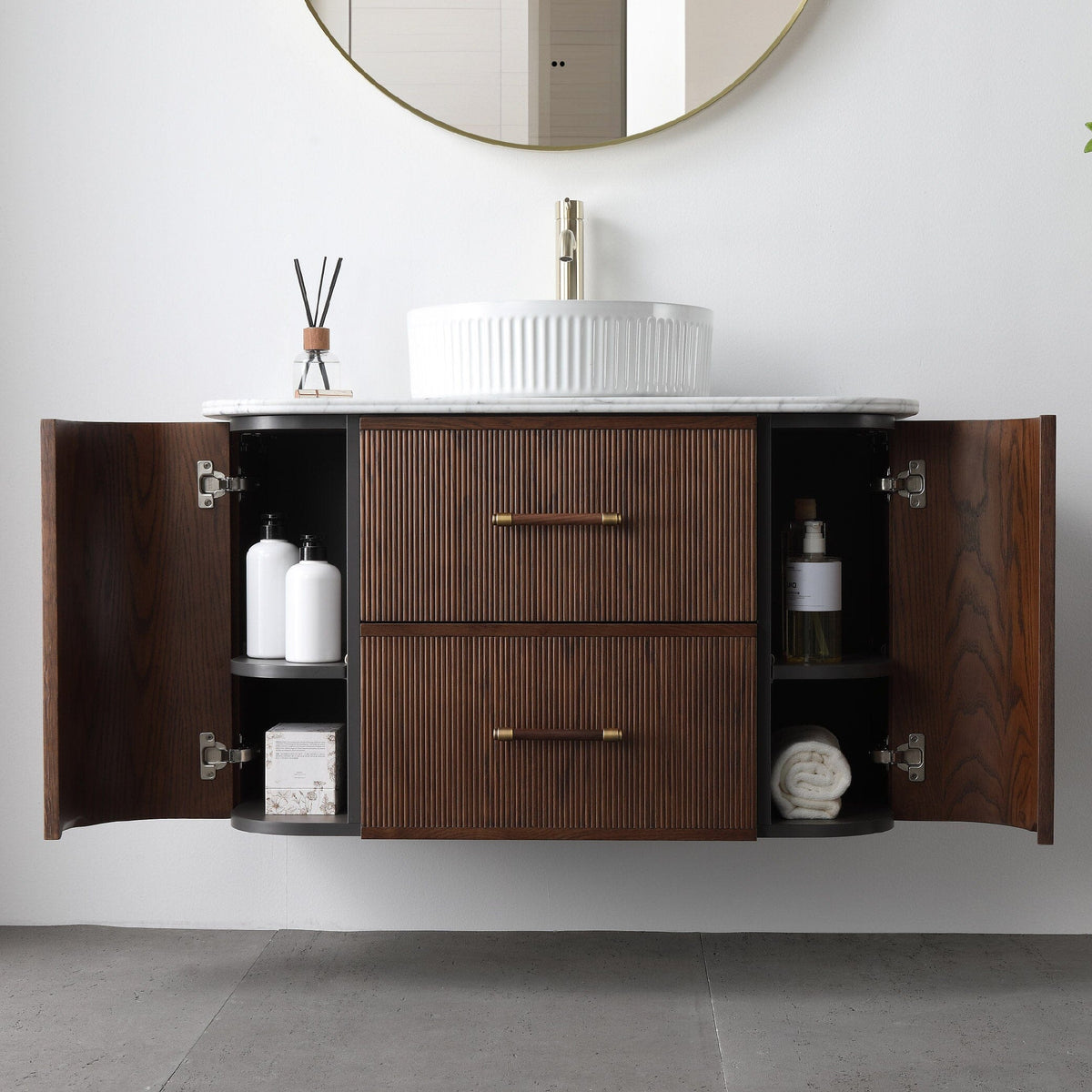ICONA 900mm Curved Fluted Wall Hung Bathroom Vanity Timber Veneer + Top Arova 