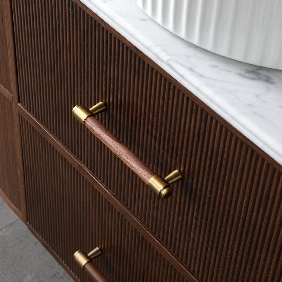 ICONA 900mm Curved Fluted Wall Hung Bathroom Vanity Timber Veneer + Top Arova 