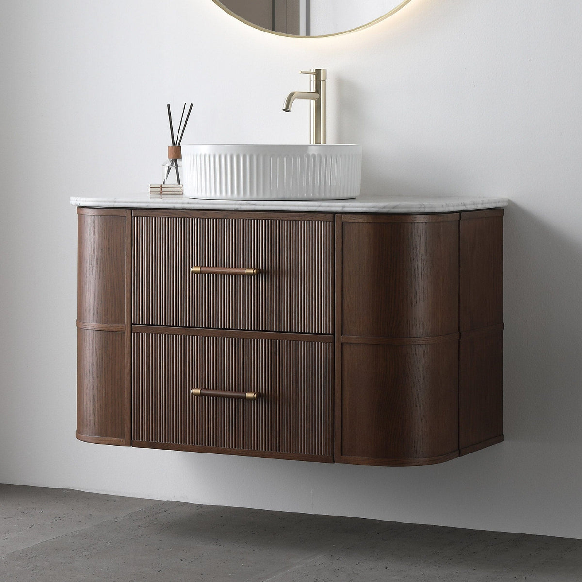 ICONA 900mm Curved Fluted Wall Hung Bathroom Vanity Timber Veneer Vanities Arova 
