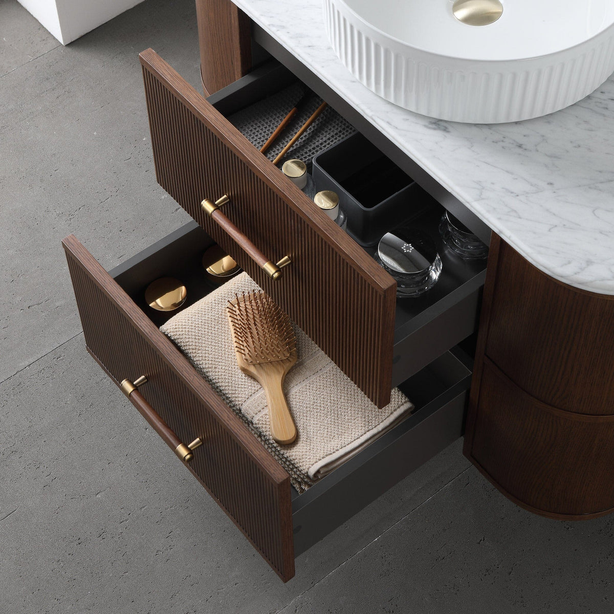 ICONA 900mm Curved Fluted Wall Hung Bathroom Vanity Timber Veneer Vanities Arova 