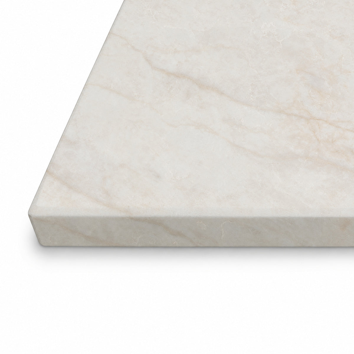 Ivory Taj Mahal vanity benchtop with warm natural veining and polished Aris edge profile