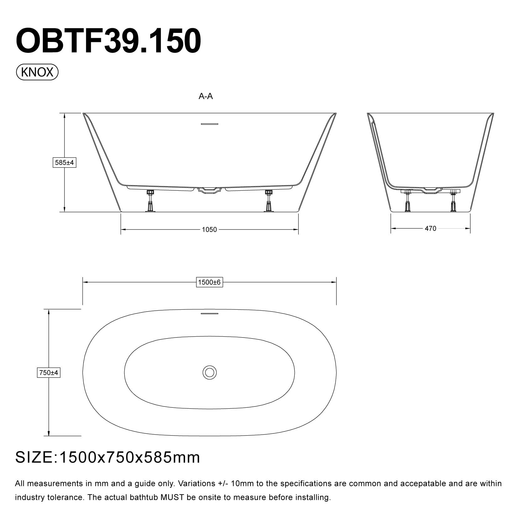Knox 1500mm Oval Freestanding Bathtub Acrylic Gloss White Baths Arova 
